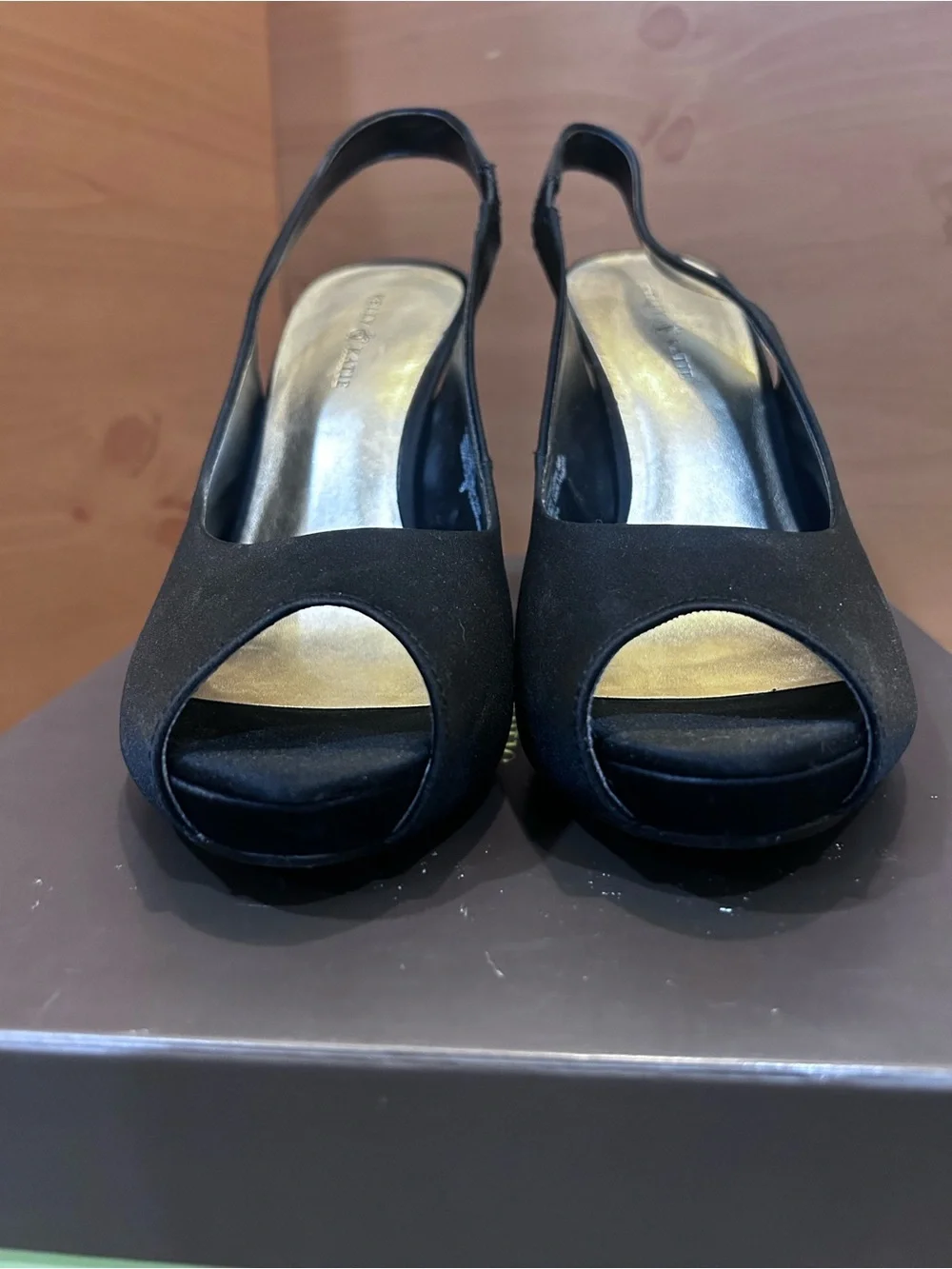 Kelly & Katie Black Peep Toe Slingbacks with Metallic Insole